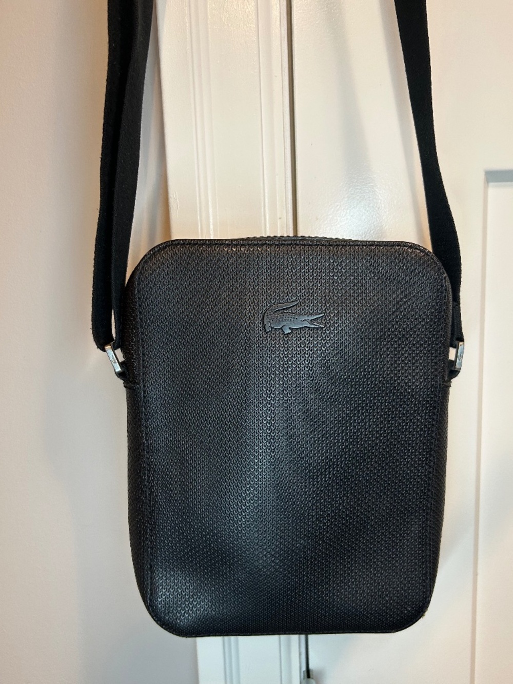 Lacoste Black Textured Crossbody Messenger Bag with MetalCroc